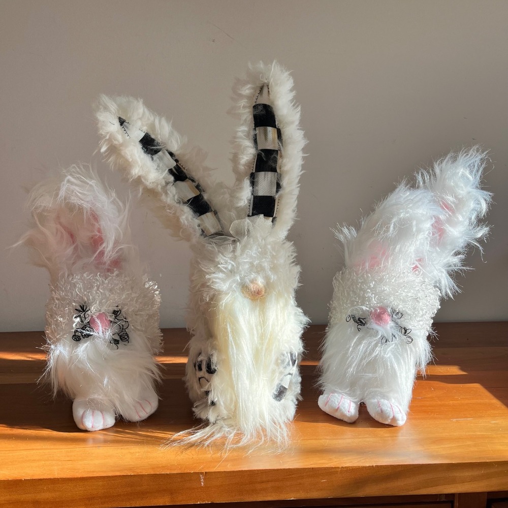Set of 3 White Plush Easter‎ Bunny Gnomes Buffalo Check Ears Farmhouse Decor
